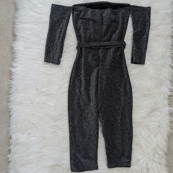 Silver Glitter Off Shoulder 3/4 Sleeve Jumpsuit - Picture 4 of 6
